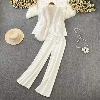 Модный костюм женский Spice Girl с висячим вырезом и v-образным вырезом, вязаный топ, жилет из искусственной норки, пальто, широкие брюки с высокой талией, три предмета