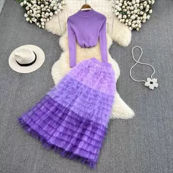 Модный костюм, женский вязаный свитер с воротником-стойкой, топ с высокой талией, тонкий градиент, Радужный торт, пышная юбка, комплект из двух предметов