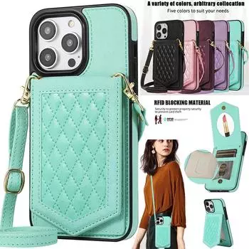 Модный кожаный чехол-кошелек через плечо для Samsung S23 S22 S21 S20 Ultra Plus Note 20 Ultra A13 A53 A14 A54/iPhone 15 14 Plus 13 12 11 Pro Max XS Max iPhone 6/6S чёрный