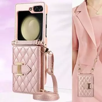 Модный кожаный чехол-кошелек с отделением для карт через плечо для Samsung Galaxy Z Flip 5 4 3 Flip5 Flip4 5G Ремешок с ромбовидным тиснением Защитный ремешок for Galaxy Z Flip 3 розового золота