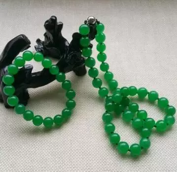 Модный красивый 10 мм изумрудно-зеленый нефритовый драгоценный камень ожерелье браслет комплект ювелирных изделий