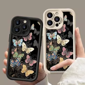 Модный красочный принт бабочки мягкий чехол для телефона TPU для iPhone 16 Pro Max 15 Plus 14 13 Pro 12 11 XR XS 8 7 противоударный защитный матовый чехол для объектива iPhone 15 чёрный