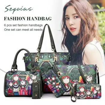 Модный креативный лесной стиль, цифровая печать, комплект женских сумок из 6 предметов, сумка с рисунком персонажа в стиле ретро, сумка через плечо, сумка-тоут, кошелек и сумка для ключей зелёный