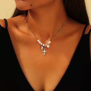 Модный крест с бриллиантовой оправой в виде капли воды, ожерелье из искусственного жемчуга, подарок на вечеринку для дам