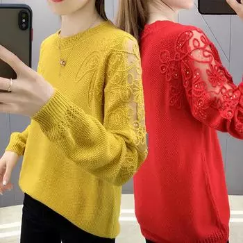 Модный кружевной лоскутный ажурный однотонный свитер, женский свободный повседневный пуловер, элегантные женские свитера с длинным рукавом, футболки One size розовый