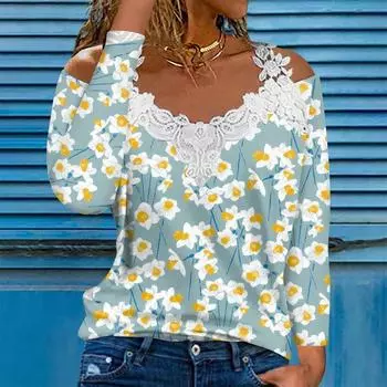 Модный кружевной пуловер с V-образным вырезом, длинный рукав, полосатый принт, однотонная повседневная футболка L синий