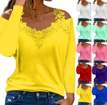 Модный кружевной пуловер с v-образным вырезом и длинным рукавом, однотонная повседневная футболка