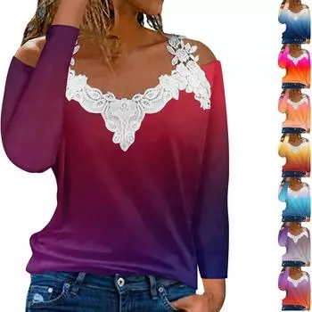 Модный кружевной пуловер с V-образным вырезом, длинный рукав, градиентный принт, повседневная футболка M