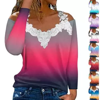 Модный кружевной пуловер с V-образным вырезом, длинный рукав, градиентный принт, повседневная футболка M красный