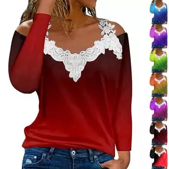 Модный кружевной пуловер с V-образным вырезом, длинный рукав, градиентный принт, повседневная футболка XXXXL