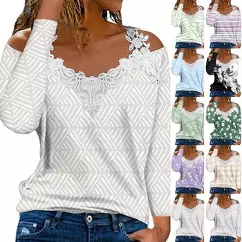 Модный кружевной пуловер с V-образным вырезом, длинный рукав, цветочный принт, повседневная футболка L киноварь