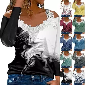 Модный кружевной пуловер с V-образным вырезом, длинный рукав, цветочный принт, повседневная футболка XXXXXL