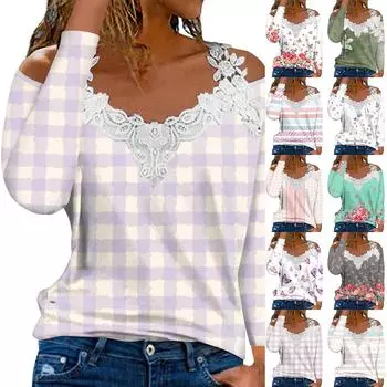 Модный кружевной пуловер с V-образным вырезом, длинный рукав, цветочный принт, повседневная футболка L синий