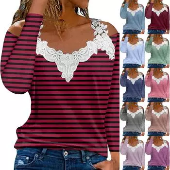 Модный кружевной пуловер с V-образным вырезом, длинный рукав, полосатый принт, однотонная повседневная футболка L синий