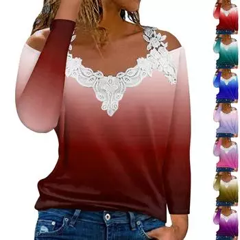 Модный кружевной пуловер с V-образным вырезом, длинный рукав, градиентный принт, повседневная футболка XXXL