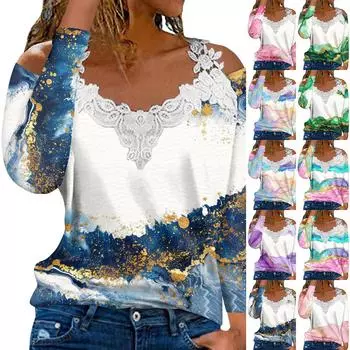 Модный кружевной пуловер с V-образным вырезом, длинный рукав, градиентный принт, однотонная повседневная футболка L темно-фиолетового