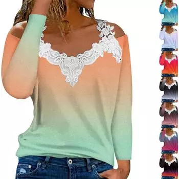 Модный кружевной пуловер с V-образным вырезом, длинный рукав, градиентный принт, повседневная футболка XL фиолетовый