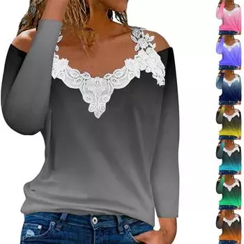 Модный кружевной пуловер с V-образным вырезом, длинный рукав, градиентный принт, повседневная футболка L темно-фиолетового