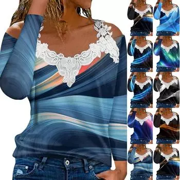 Модный кружевной пуловер с V-образным вырезом, длинный рукав, градиентный принт, однотонная повседневная футболка XXXL