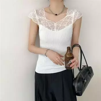 Модный кружевной трикотажный топ без рукавов, облегающий крой, V-образный вырез, короткий рукав, футболка в корейском стиле, летняя элегантная однотонная повседневная простая одежда 3007 One Size белый