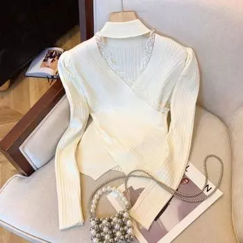 Модный кружевной вязаный свитер с V-образным вырезом для женщин, осень и зима, сексуальные базовые пуловеры, свитера, облегающие женские, элегантные, однотонные, повседневные, трикотажные изделия 25567 One Size чёрный