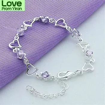 Модный кубический фиолетовый кристалл сердце браслет для женщин подарок на любовь 925 серебряный браслет ювелирные изделия