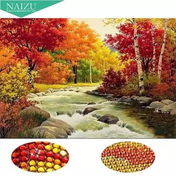 Модный кубик Рубика с бриллиантами, полный бриллиантов, вышивка крестиком, пейзаж, красный лес 20X30CM