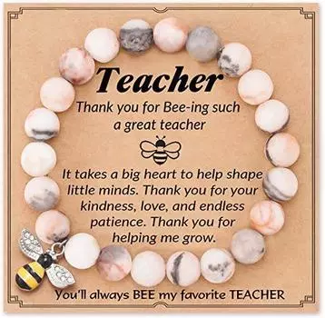 Модный кулон в виде пчелы-зебры натурального розового цвета, браслет ко Дню учителя, браслет из бусин ручной работы на эластичной веревке-карте