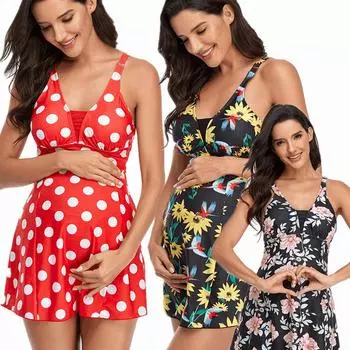 Модный купальник из двух частей для беременных, скромный купальник с мягкой спинкой, платье для плавания с высокой талией, комплект купальников с принтом, танкини, купальный костюм S