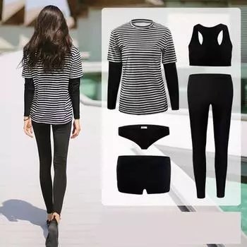 Модный купальный костюм для пар, солнцезащитный купальник, быстросохнущий гидрокостюм, свободный крой, комплект купальников, топ с длинными рукавами, длинные брюки, женский гидрокостюм из 5 предметов M