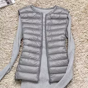 МОДНЫЙ легкий пуховик без воротника, женский новый круглый вырез, тонкий короткий пуховый жилет, белый пуховый жилет, одежда S чёрный