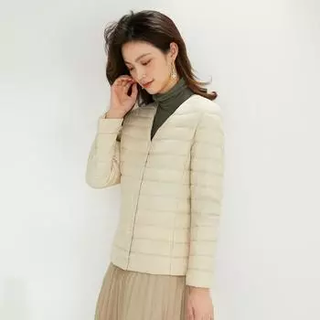 МОДНЫЙ легкий тонкий пуховик женский зимний 2024 новый круглый вырез с V-образным вырезом подкладка длинный рукав без воротника 90% белый утиный пух короткое пальто Одежда S белый