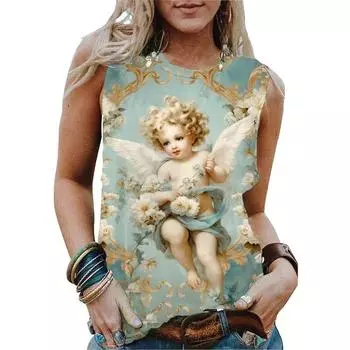 Модный летний ангел 3D принт майки женские уличные повседневные свободные жилеты с круглым вырезом без рукавов женские майки S