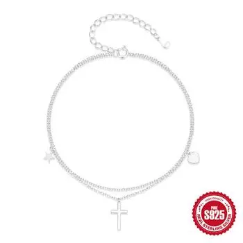 Модный летний браслет на лодыжку из стерлингового серебра S925 с двухслойной подвеской в виде сердца/пятиконечной звезды/креста 925 silver серебряный