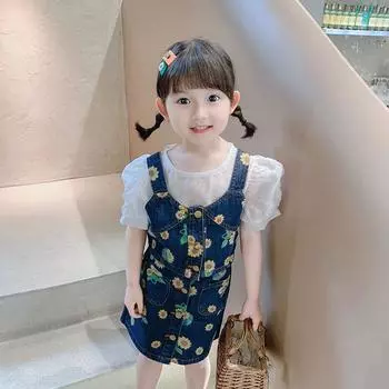 Модный летний костюм для девочек, комплект из двух предметов, синий джинсовый укороченный топ с цветочным принтом на подтяжках + юбка с высокой талией, детская одежда 3T синий