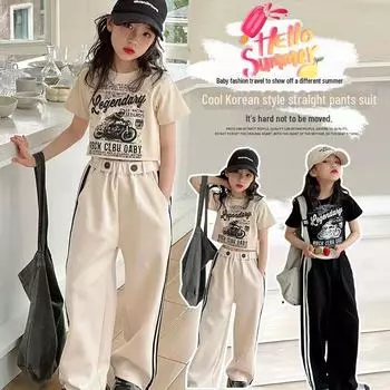 Модный летний костюм-двойка для девочек 2024 года: Стильный топ с короткими рукавами и повседневные брюки