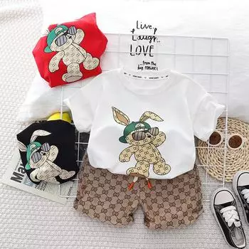 Модный летний костюм-двойка для мальчиков 2023 года: Легкий комплект с короткими рукавами для маленьких и средних детей 110cm