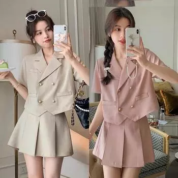 Модный летний костюм из 2 предметов для женщин, комплект из топа и юбки с короткими рукавами M