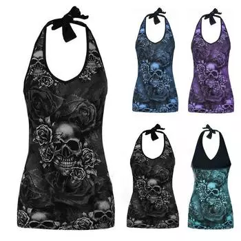 Модный летний леди с принтом черепа, красивый жилет с лямкой на бретельках, майка 2XL чёрный