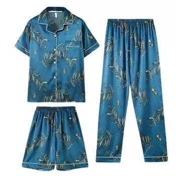 Модный Лето-Осенний шелковый мужской пижамный комплект из 3 предметов, шорты с короткими рукавами, домашняя одежда больших размеров, домашняя одежда с лацканами, пижамы для мужчин L зелёный