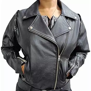 Модный лук: черная кожа, заниженная линия плеча, косуха, куртка с открытыми плечами, отложной воротник, верхняя одежда с заклепками на ремне. Кожаная куртка с заклепками XS чёрный