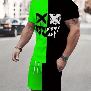 Модный лук: шикарная мужская одежда из 2 предметов, комплект футболки и шорт с графическим принтом гримасы для больших и высоких мужчин, наряды контрастных цветов, большие размеры S