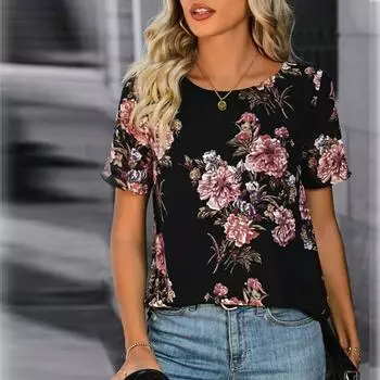Модный лук: женская летняя футболка, румяная футболка с короткими рукавами с принтом, повседневный топ с принтом XS чёрный