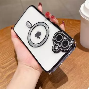 Модный магнитный чехол с бриллиантовой рамкой для iPhone 16, 15 Plus, 14, 13 Pro Max, 12, чехол для Samsung Galaxy A56, A36, A26, A16, A55, A35, A25, A15, A54, A34, S25, S24, чехлы iPhone 16 чёрный