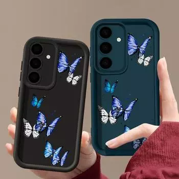 Модный матовый чехол для телефона TPU с принтом бабочек для Samsung S25 Ultra S24 FE S23 A16 A56 A36 A55 A15 A35 A54, мягкий противоударный защитный бампер для объектива Samsung S25 чёрный