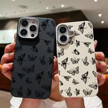 Модный матовый чехол с принтом бабочки из кожи и текстурой для iPhone 16 Pro 15 Pro Max 14 13 12 11, тонкий противоударный мягкий чехол для телефона из ТПУ iPhone 16 чёрный