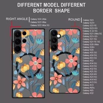 Модный матовый магнитный чехол с цветочным принтом для Samsung S24 FE S23 S22 Ultra A55 A54 A34 A35 A16 A15 с мягким краем, ударопрочный, прозрачный для MagSafe Cover Samsung S24 чёрный