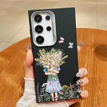 Модный матовый магнитный тонкий чехол с цветочным принтом для Samsung S24 FE S23 Ultra S22 Plus S21 кожаная текстура мягкий ударопрочный чехол из ТПУ для телефона MagSafe Samsung S24 FE чёрный