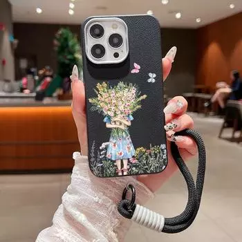 Модный матовый противоударный чехол из ТПУ с цветочным принтом для iPhone 16 Pro Max 15 Pro 14 13 12 11, мягкий ремешок для защиты линз, тонкий кожаный чехол для телефона с текстурой iPhone 16 чёрный