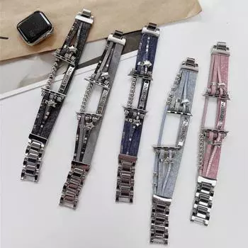 Модный металлический холстовый ремешок в стиле панк для Apple Watch Series Ultra 2 9 41 мм 49 мм 40 44 мм ремешок для часов для IWatch 8 7 6 5 Se 38 42 мм браслет 38 40 41m розовый